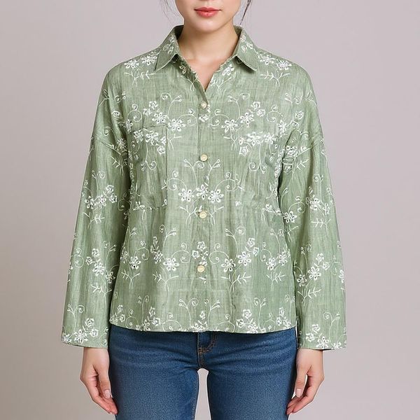 شومیز آستین بلند یقه برگردان زنانه مدل کلوش لینن خامه دوزی کد AK1302