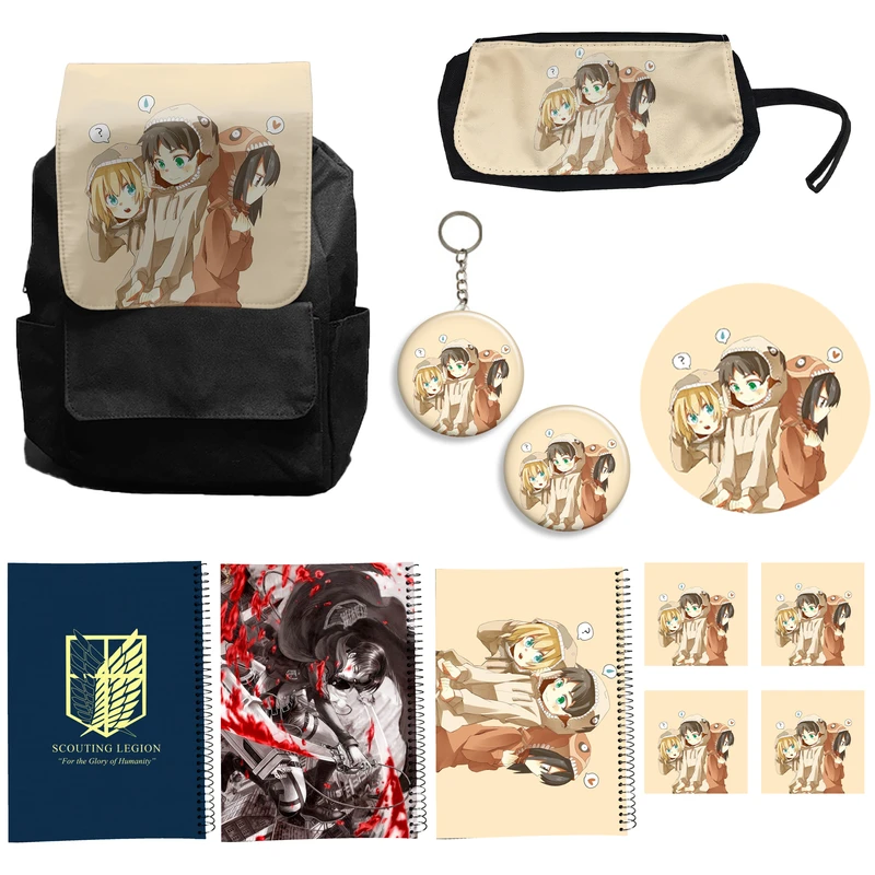 کوله پشتی طرح attack on titan کد A2 به همراه دفتر مشق و جامدادی و زیر لیوانی و جاکلیدی مجموعه 12 عددی