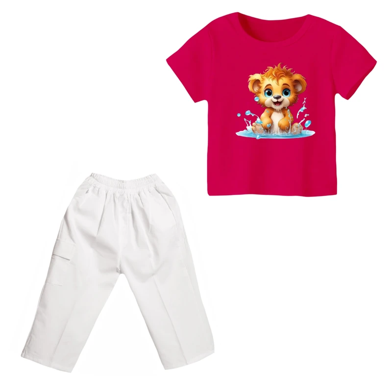 ست تی شرت و شلوارک دخترانه مدل شیر کد ۱۲