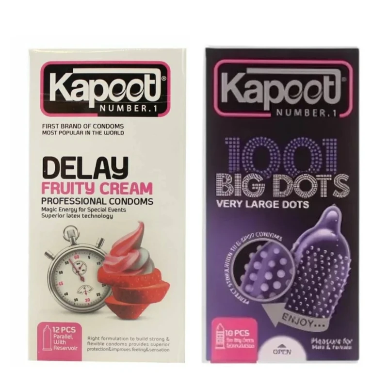 کاندوم خاردار کاپوت مدل BIG DOTS بسته 10 عددی به همراه کاندوم تاخیری کاپوت مدل Fruty Cream بسته 12 عددی