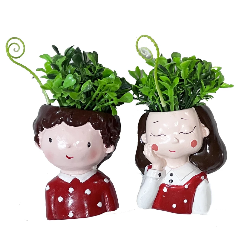 گلدان به همراه گل مصنوعی مدل دختر و پسر خالخالی fer مجموعه 2 عددی