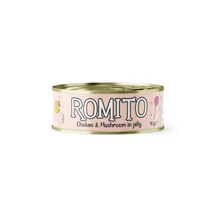 کنسرو غذای گربه رومیتو مدل مرغ ریش و قارچ در ژله وزن 90 گرم