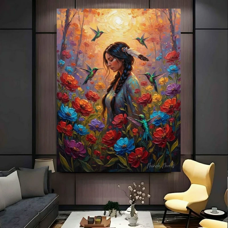 تابلو بوم طرح مخمل نقاشی باغ مدل زن و گل کد PY584