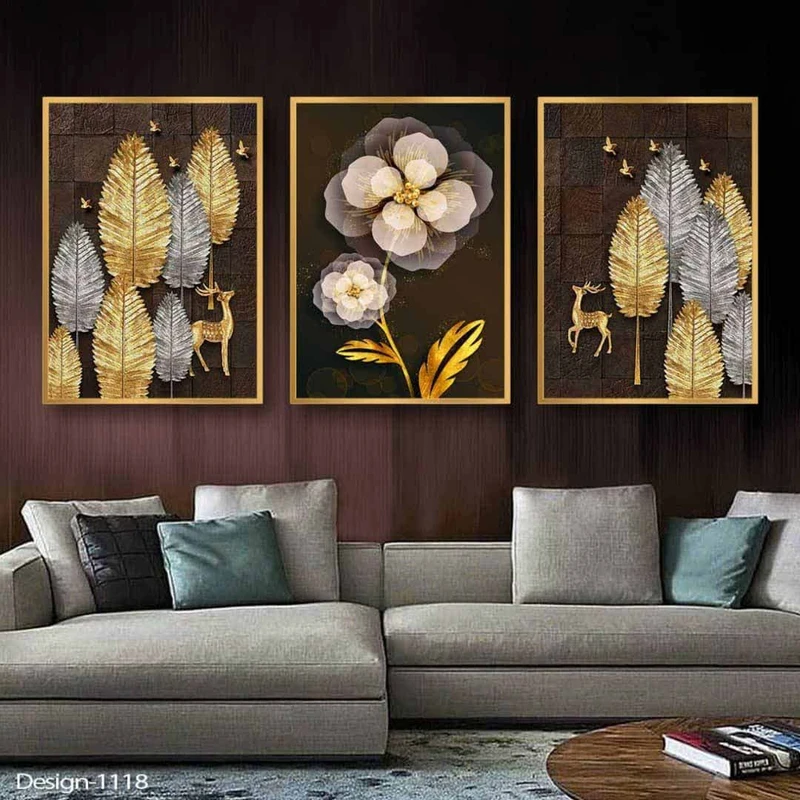  تابلو مدل منظره طرح گوزن و برگ کد 412فریم طلایی مجموعه سه عددی
