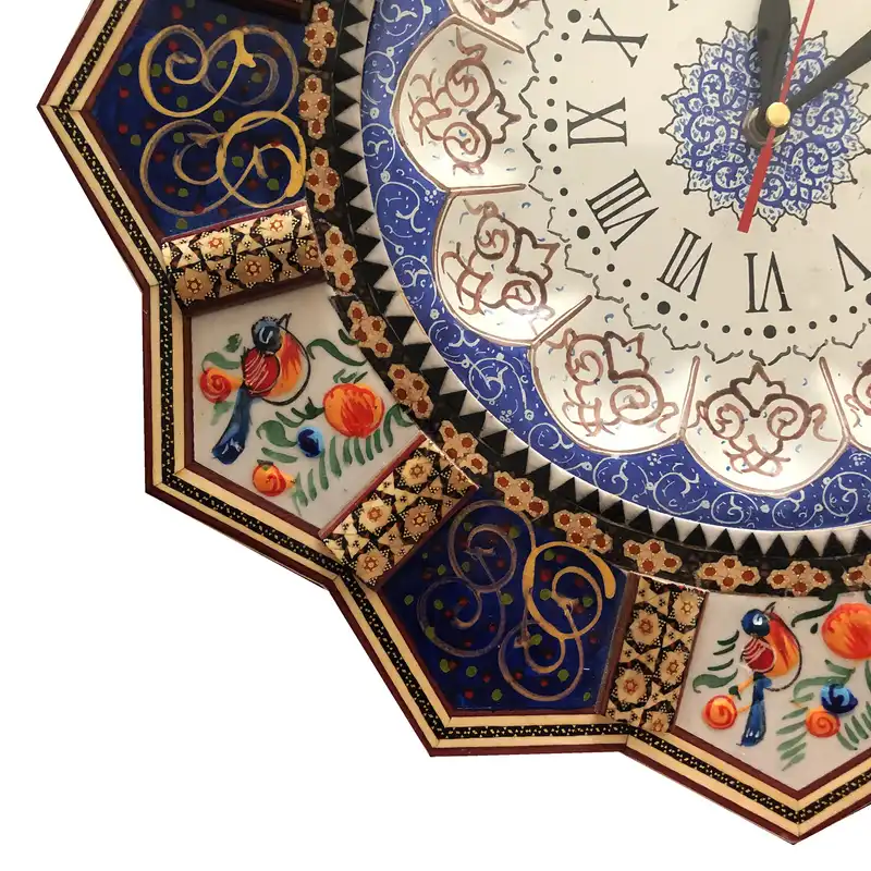 ساعت دیواری خاتم کاری طرح گل و مرغ کد R25-A1