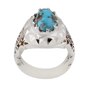 انگشتر نقره مردانه بازرگانی میلادی مدل فیروزه نیشابور رکاب دستساز کد AM_1586