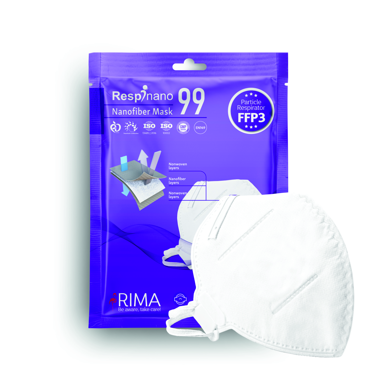 ماسک تنفسی ریما مدل بدون سوپاپ نانو FFP3-N99 بسته 10 عددی