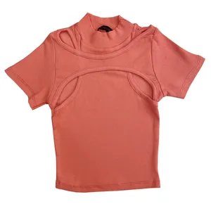 کراپ‌تاپ آستین کوتاه زنانه مدل کبریتی کد 9-30 رنگ گلبهی