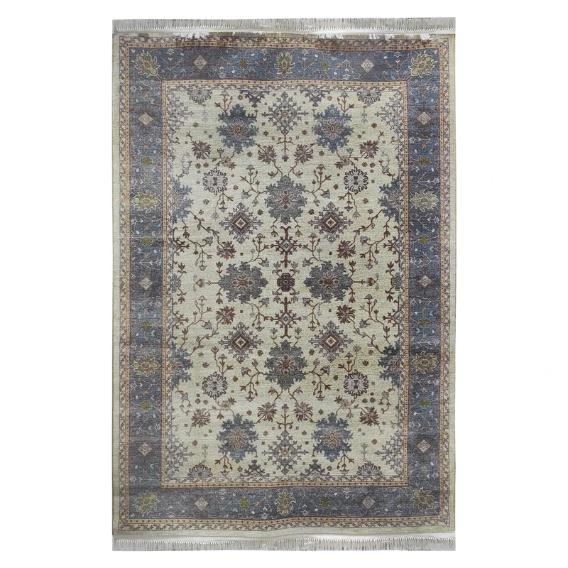 فرش ماشینی 700 شانه زمینه کرم حاشیه آبی درباری مدل 1032