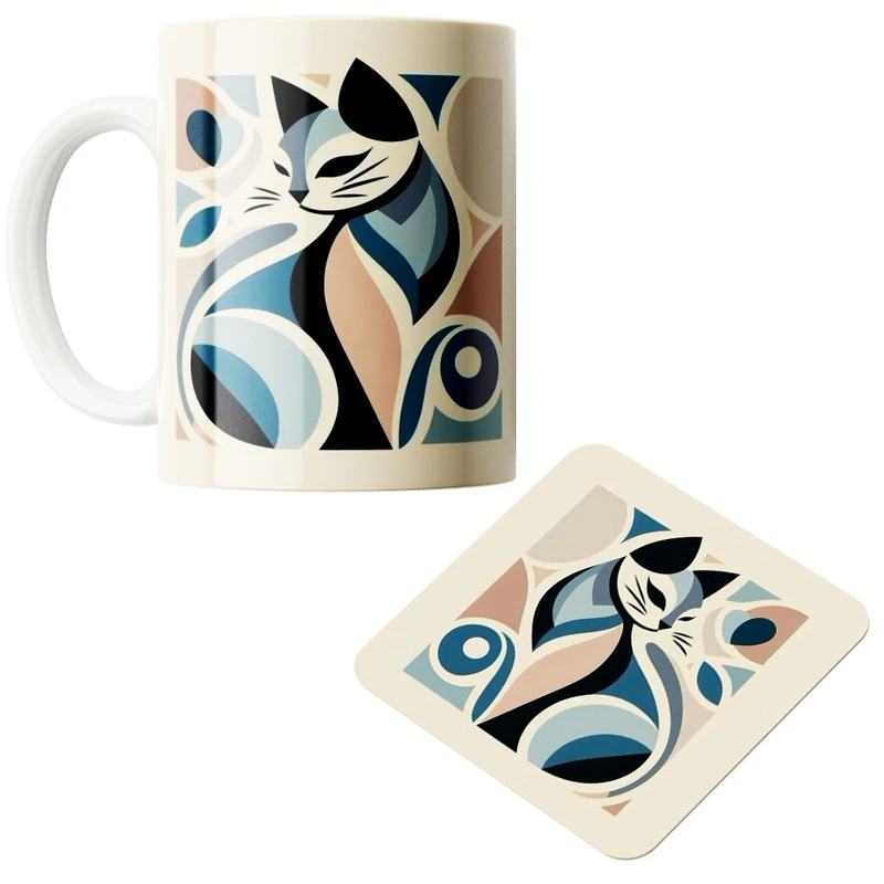 ماگ پاد آفرین مدل گربه مینیمال کد z439 به همراه زیر لیوانی