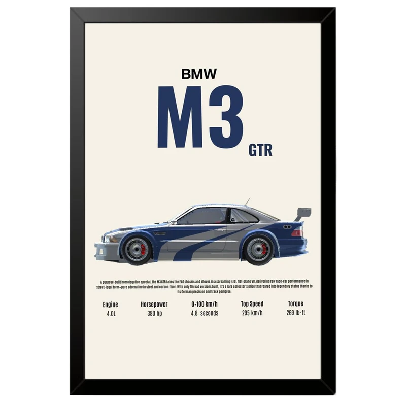تابلو بکلیت طرح ماشین و خودرو بی ام و BMW M3 GTR NEED FOR SPEED MOST WANTED مدل B-po1951 فریم مشکی
