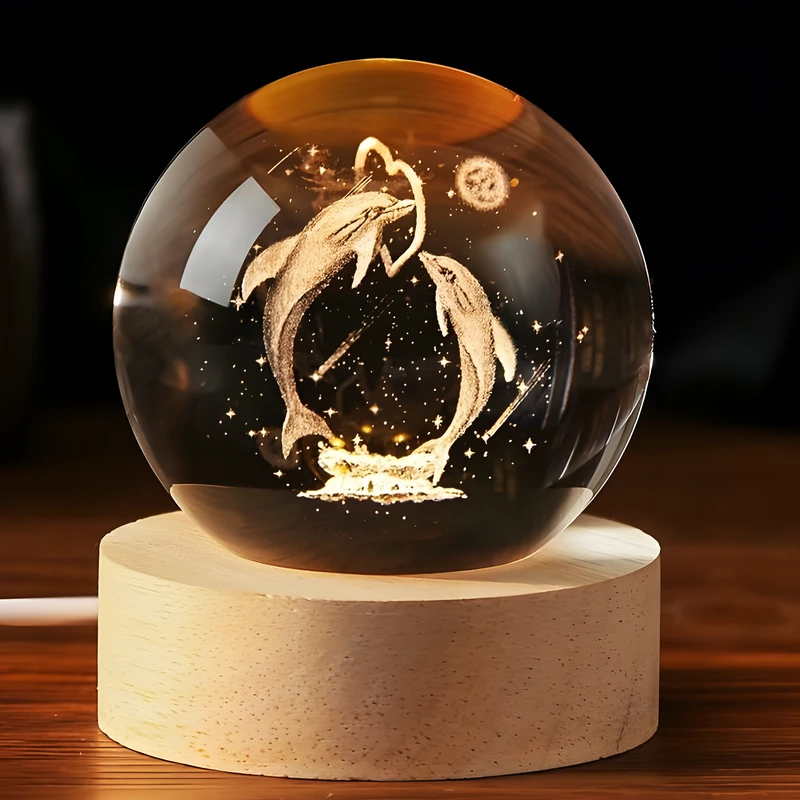 چراغ خواب رومیزی مدل گوی کریستال طرح دلفین و قلب کد 02