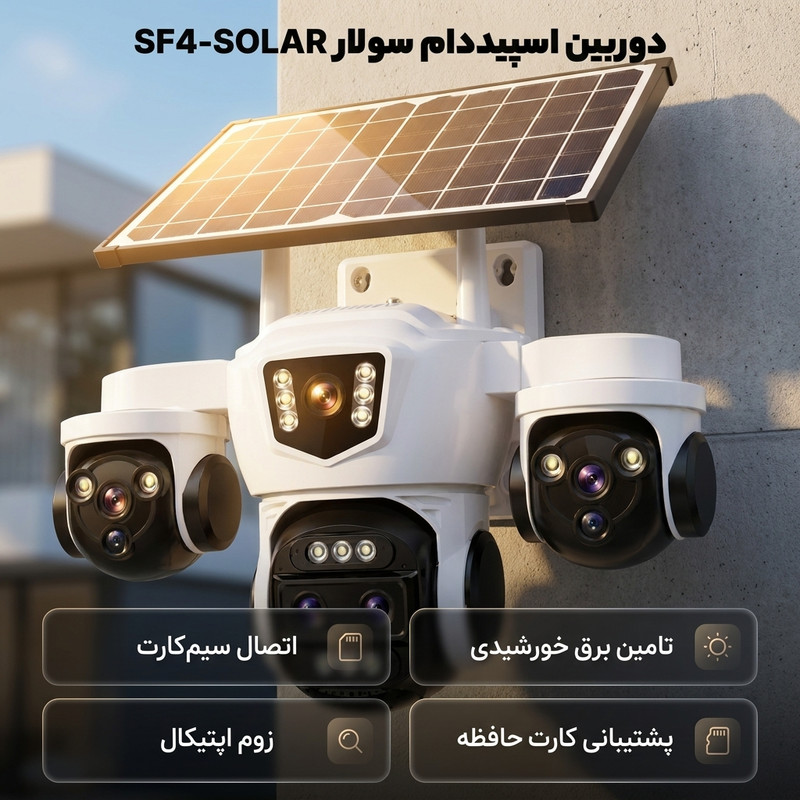 دوربین مداربسته تحت شبکه اسپیددام مدل SF4-SOLAR ZRS1 T3LENSE OPTIC ZOOM 15MP دارای پنل خورشیدی با اتصال از طریق سیم‌کارت ،قابلیت زوم اپتیکال و پشتیبانی از کارت حافظه Micro SD