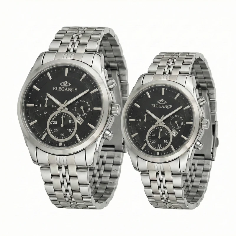 ست ساعت مچی عقربه‌ای کوارتز زنانه و مردانه الگانس مدل کلاسیک اسپرت تک‌ موتوره تاریخ شمار قفل کلیپسی کد EG004