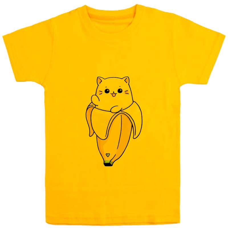 تی شرت آستین کوتاه دخترانه مدل موز و گربه D126 رنگ زرد