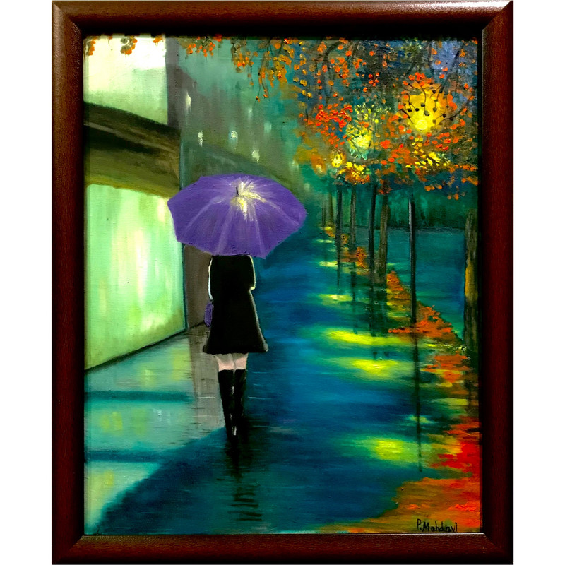 تابلو نقاشی رنگ و روغن طرح شب بارانی