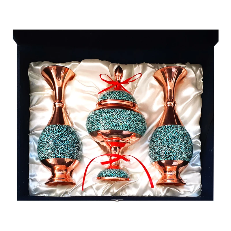 عکس شماره 6 : ست 3 تکه گلدان و شکلات خوری فیروزه کوبی مسی کد 20-2