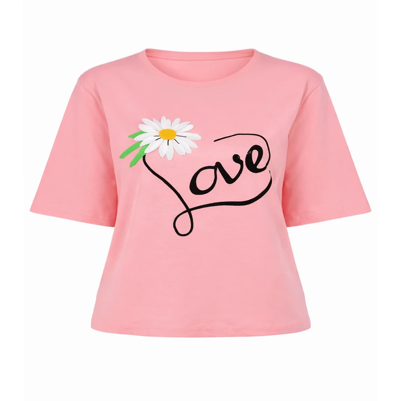 کراپ تی‌شرت آستین کوتاه زنانه مدل  نخ پنبه طرح گل بابونه