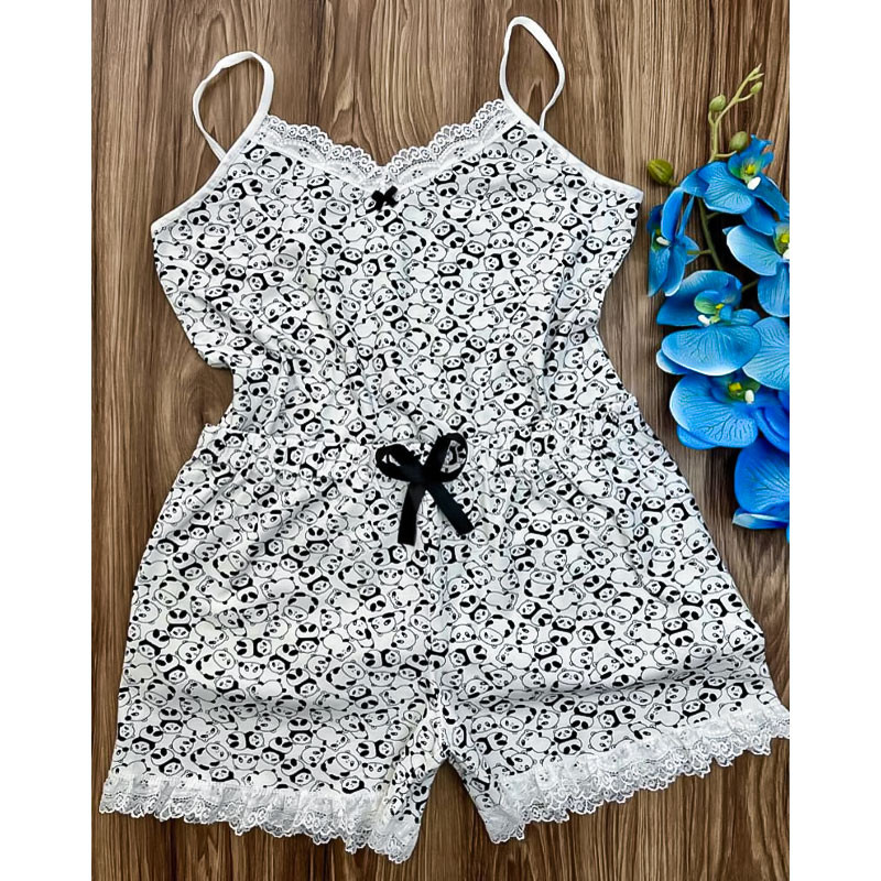 ست تاپ و شلوارک زنانه اینجی مدل نخی گیپوردار طرح پاندا کد 36363