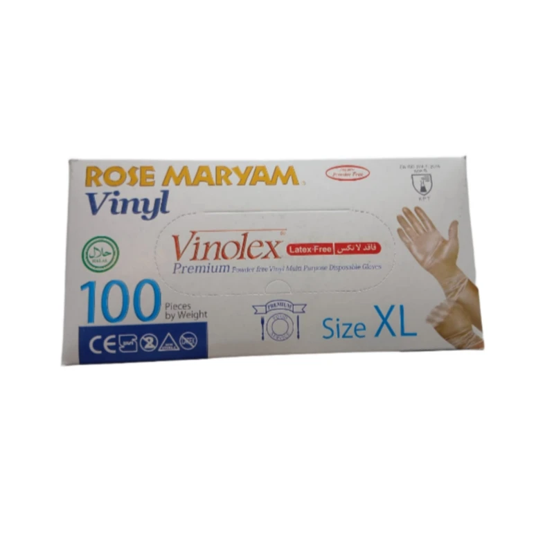 دستکش وینیل بدون پودر رز مریم مدل 01 وینولکس سایز XL بسته 100 عددی