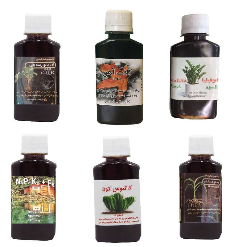 کود مایع فسفر ریشه زایی 10-52-10 و کلات آهن و کود زاموفیلیا و کود کامل سه بیست و کود کاکتوس و هیومیک اسید مدل life drop حجم 120 میلی لیتر
