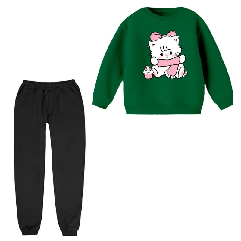 ست سویشرت و شلوار راحتی بچگانه مدل گربه شال پوش 