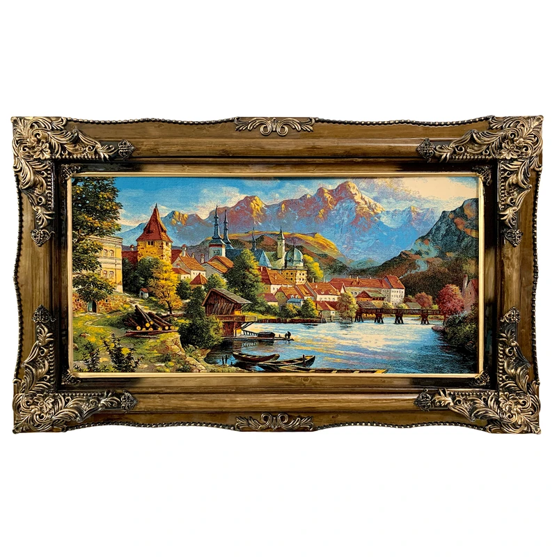 تابلو فرش ماشینی طرح روستا و دریاچه کد ۷۱۴۳