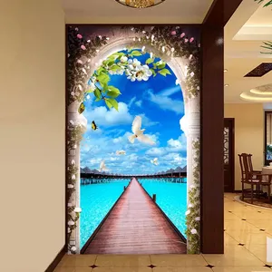 پوستر دیواری سه بعدی مدل منظره دریا پل چوبی پرنده آسمان DVRF2092