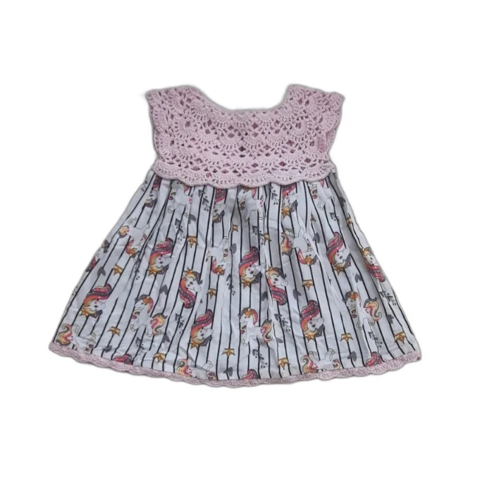 پیراهن آستین تا روی شانه یقه خشتی دخترانه مدل تابستانی تک شاخ کد 06