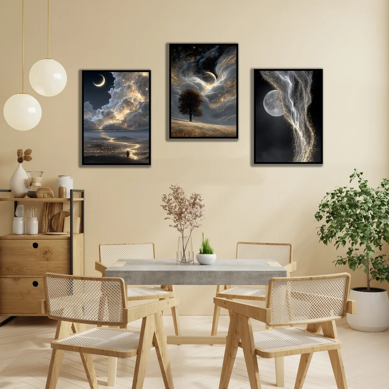 تابلو بکلیت مدل قاب شاسی طرح دکوراتیو طبیعت ماه و آسمان شب و دریا کد B-MR-1075 مجموعه 3 عددی فریم مشکی