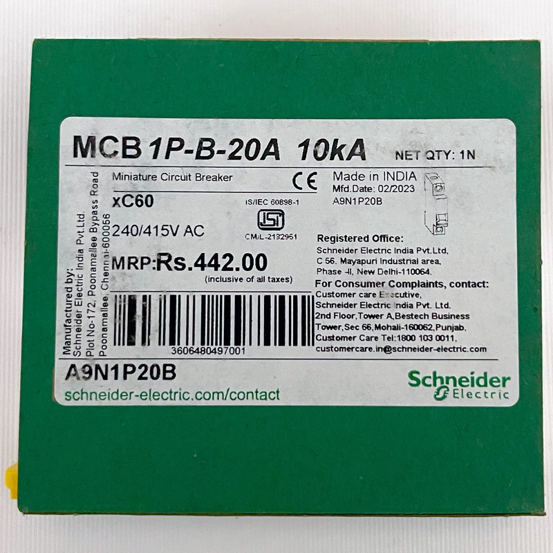 فیوز مینیاتوری تک پل 20 آمپر اشنایدر مدل xC60 Acti9 کد A9N1P20B