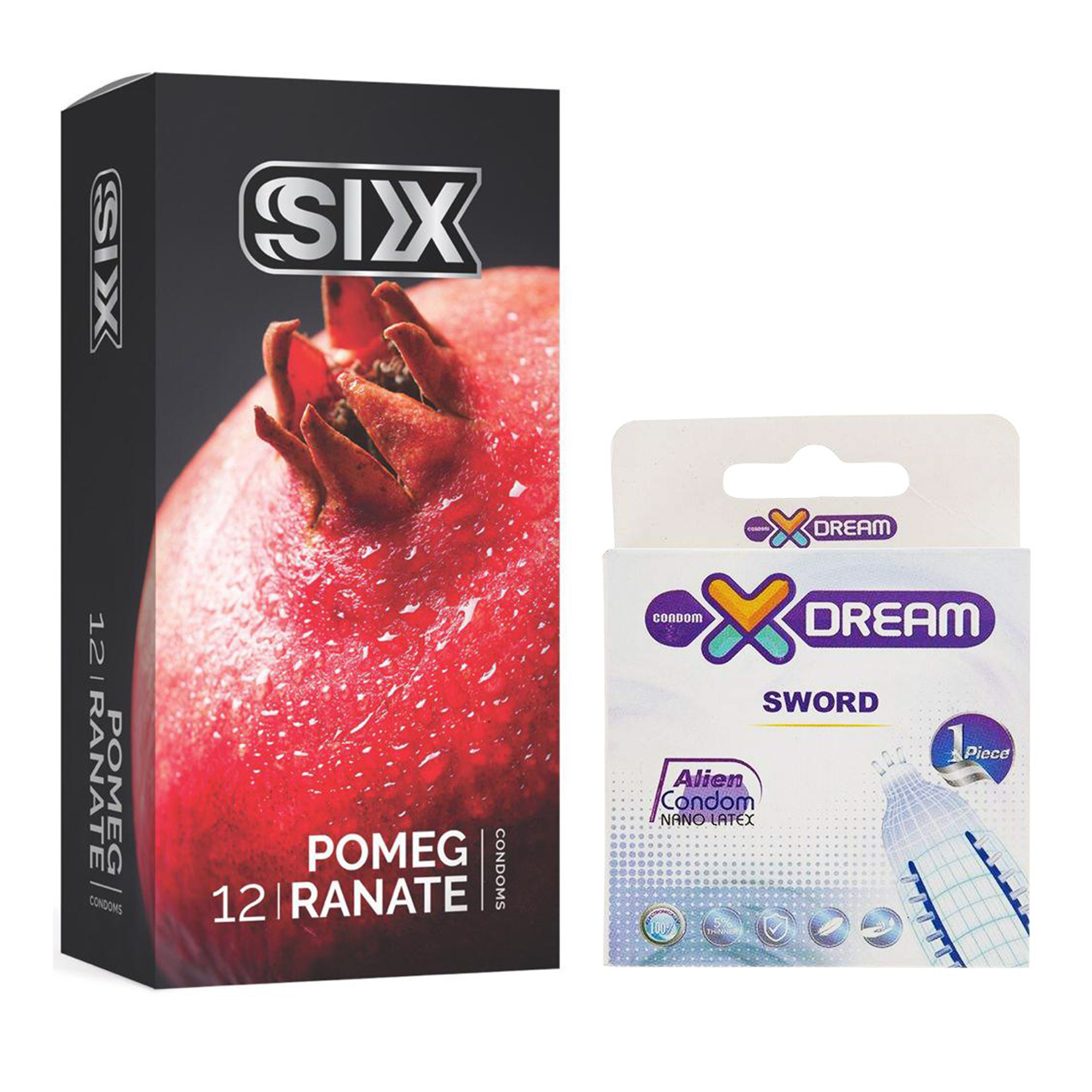 کاندوم سیکس مدل Pomegranate بسته ۱۲ عددی به همراه کاندوم ایکس دریم مدل Sword