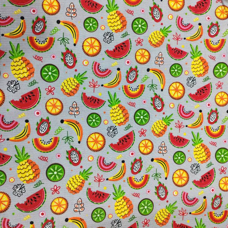 پارچه آشپزخانه عرض 1.5 متر مدل پلی پنبه طرح میوه رنگ نقره‌ای