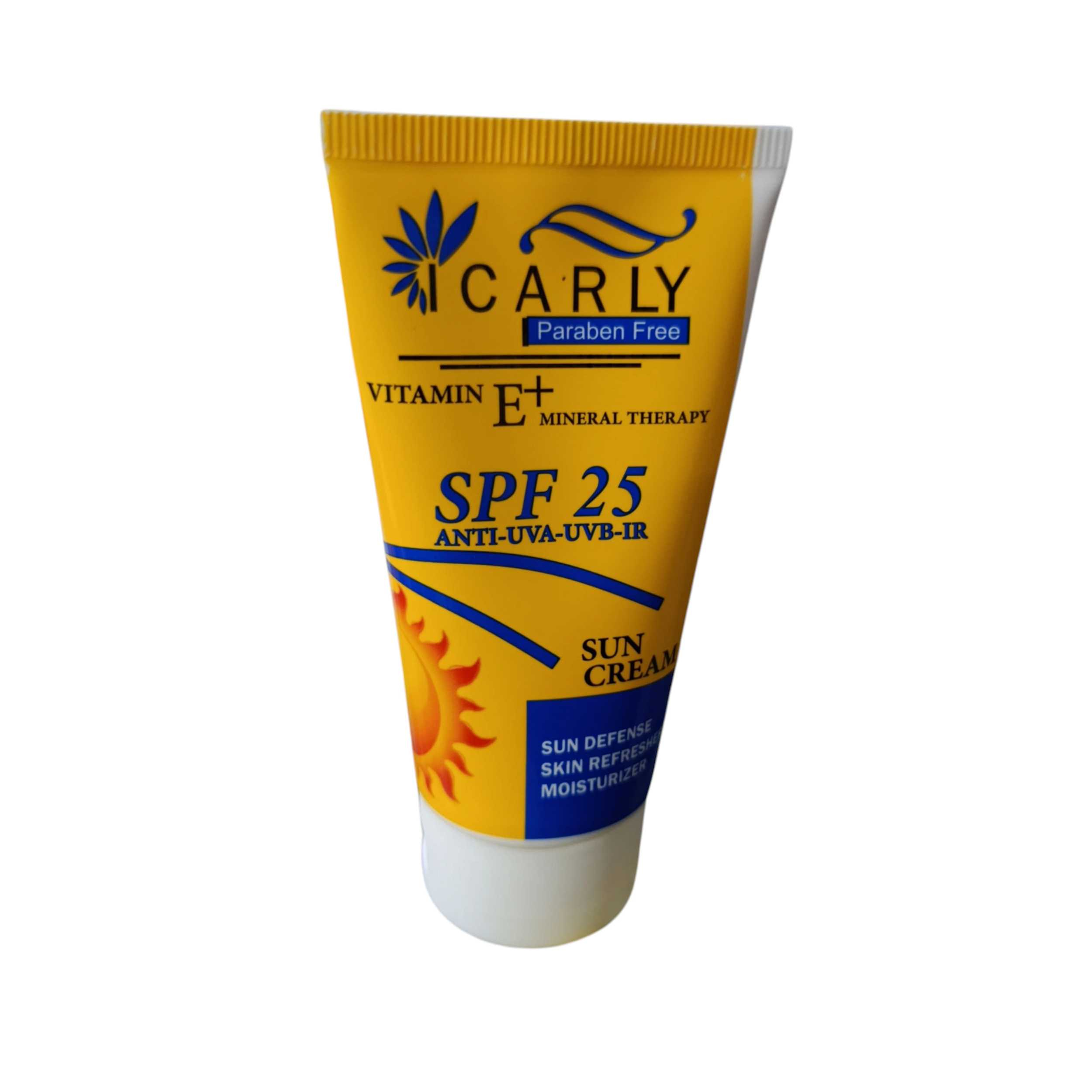 کرم ضد آفتاب بدون رنگ صورت و گردن آی کارلی SPF ۲۵ مدل ویتامین E مناسب برای انواع پوست حجم ۵۰ میلی‌لیتر