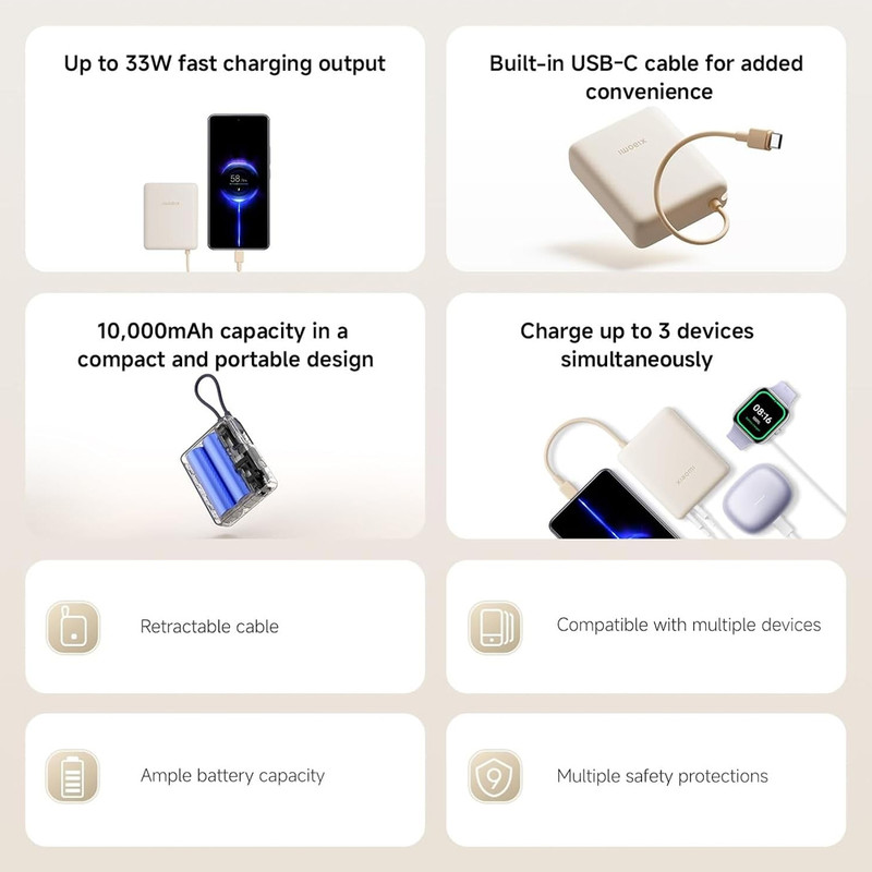 پاوربانک 33 وات شیائومی مدل PB1033MI ظرفیت 10000 میلی‌آمپرساعت به همراه کابل USB-C