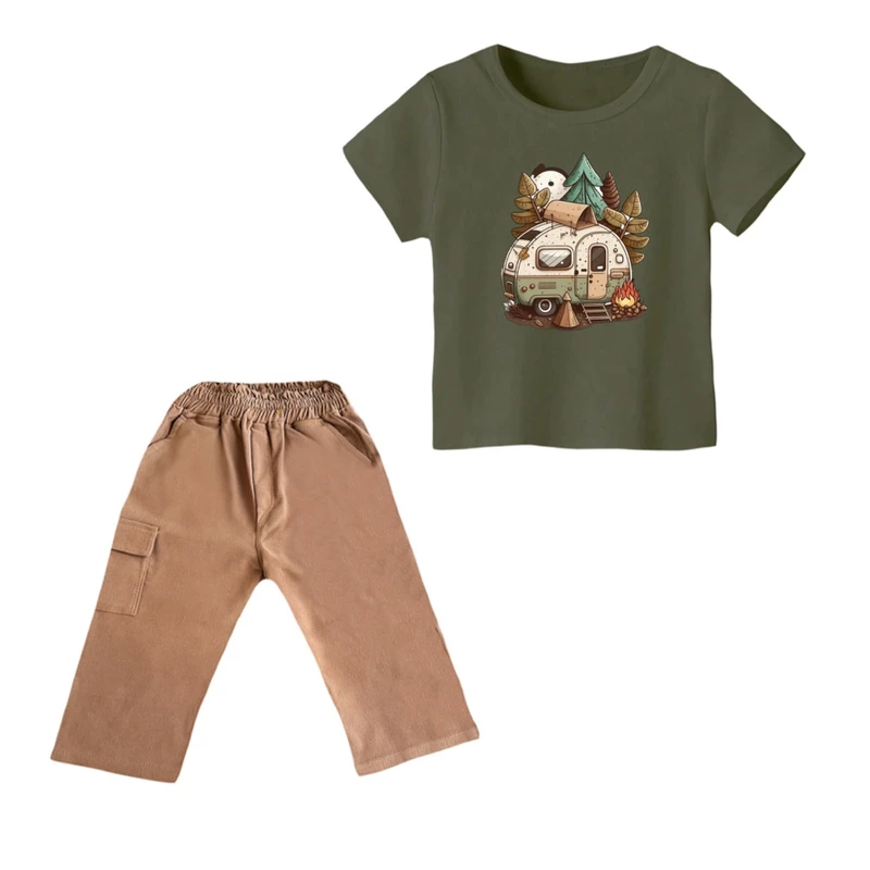 ست تی شرت و شلوارک پسرانه مدل کمپ رنگ سبز