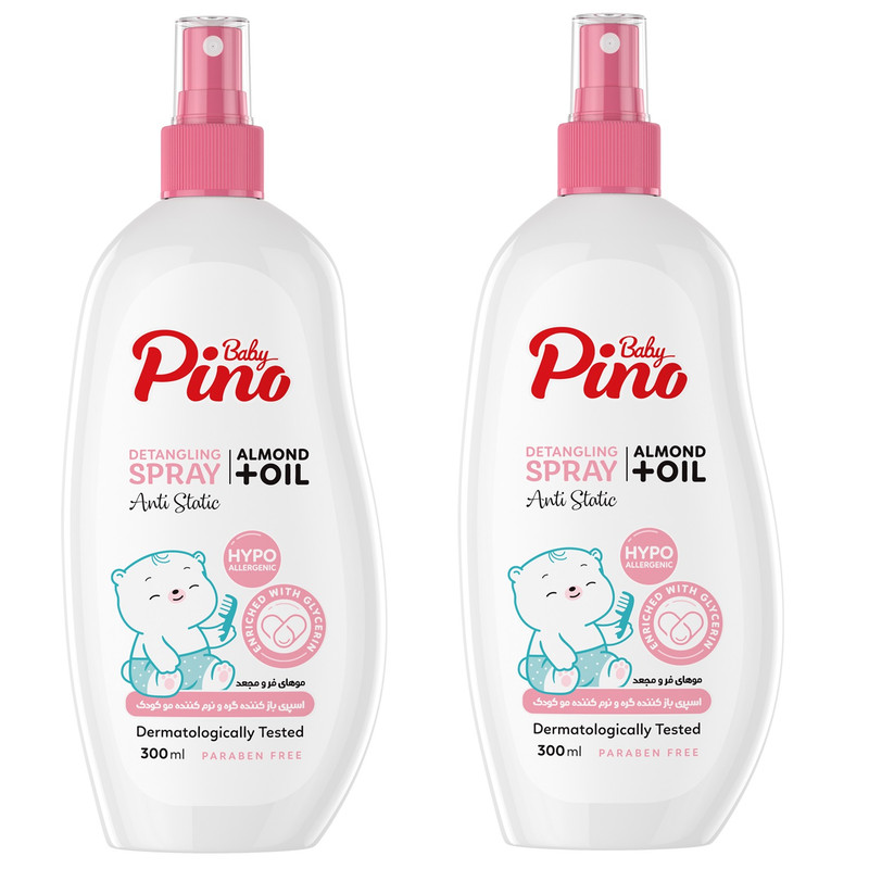 اسپری باز کننده گره و نرم کننده مو کودک پینو بیبی مدل مناسب موی فر و مجعد غنی شده با روغن بادام و گلیسیرین حجم 300 میلی لیتر مجموعه 2 عددی
