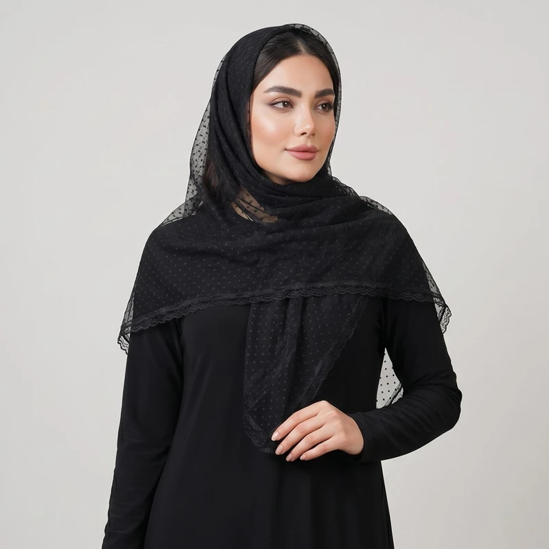 روسری زنانه مدل توری خالخالی حاشیه دانتل دار
