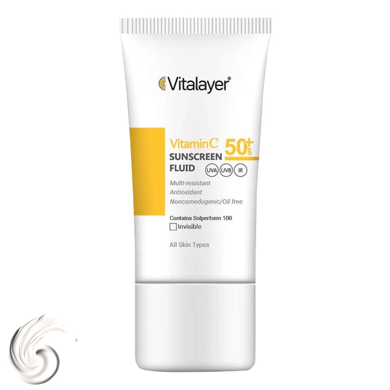 فلوئید ضدآفتاب بی‌رنگ ویتالیر SPF50 مدل Vitamin C مناسب انواع پوست، حجم 50 میلی‌لیتر