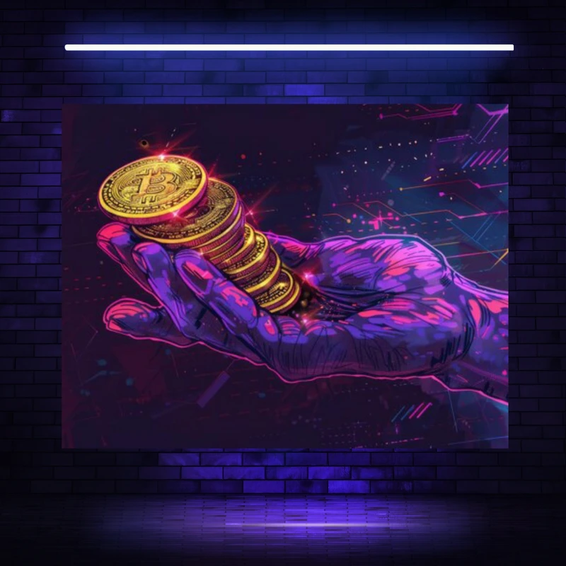 پوستر پارچه ای مدل بک دراپ بلک لایت بیت کوین FP105116