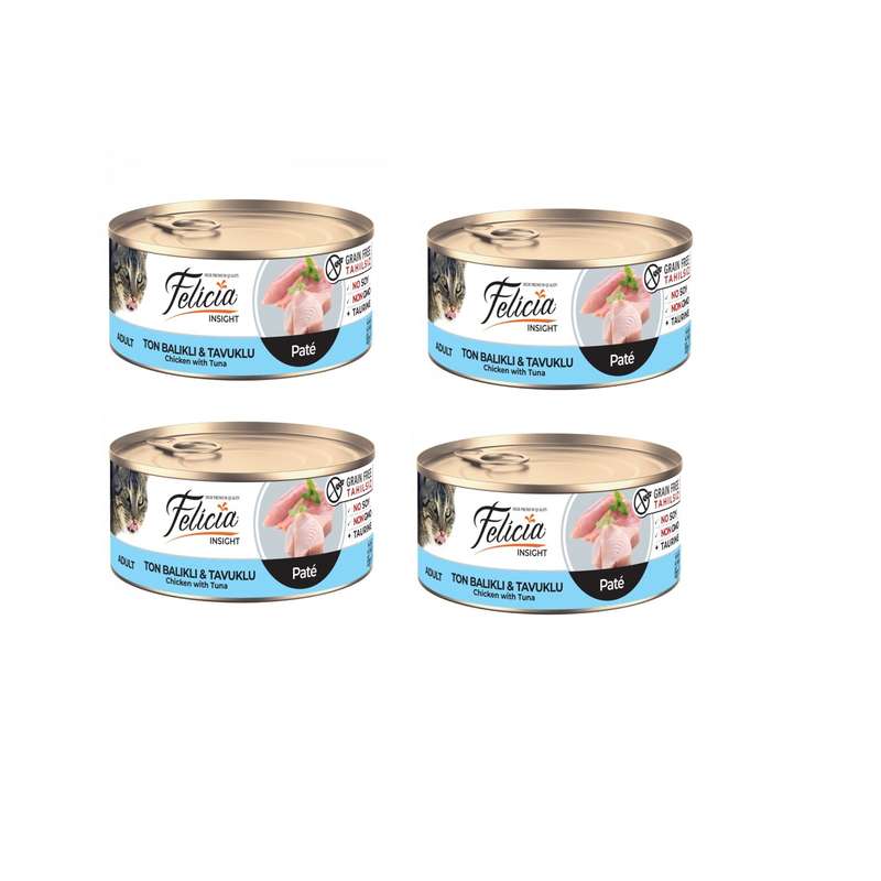 کنسرو گربه بزرگسال فلیسیا مدل Adult Pate Tuna & Chicken وزن 85 گرم بسته 4 عددی