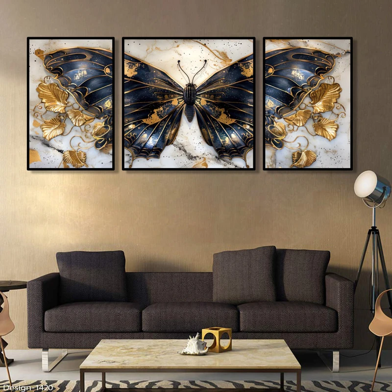 تابلو مدل دکوراتیو مدرن طرح پروانه مجموعه سه عددی