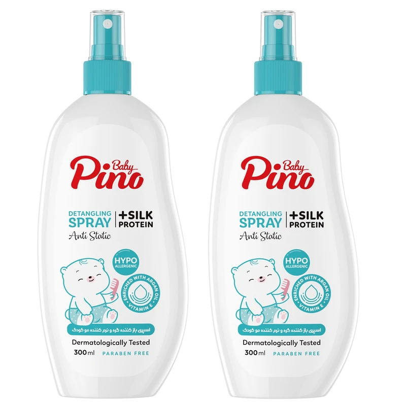 اسپری باز کننده گره و نرم کننده مو کودک پینو بیبی مدل پروتئين ابريشم حجم 300 میلی لیتر مجموعه 2 عددی