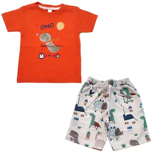 ست تی شرت و شلوارک پسرانه مدل دایناسور کد 3771 رنگ مرجانی