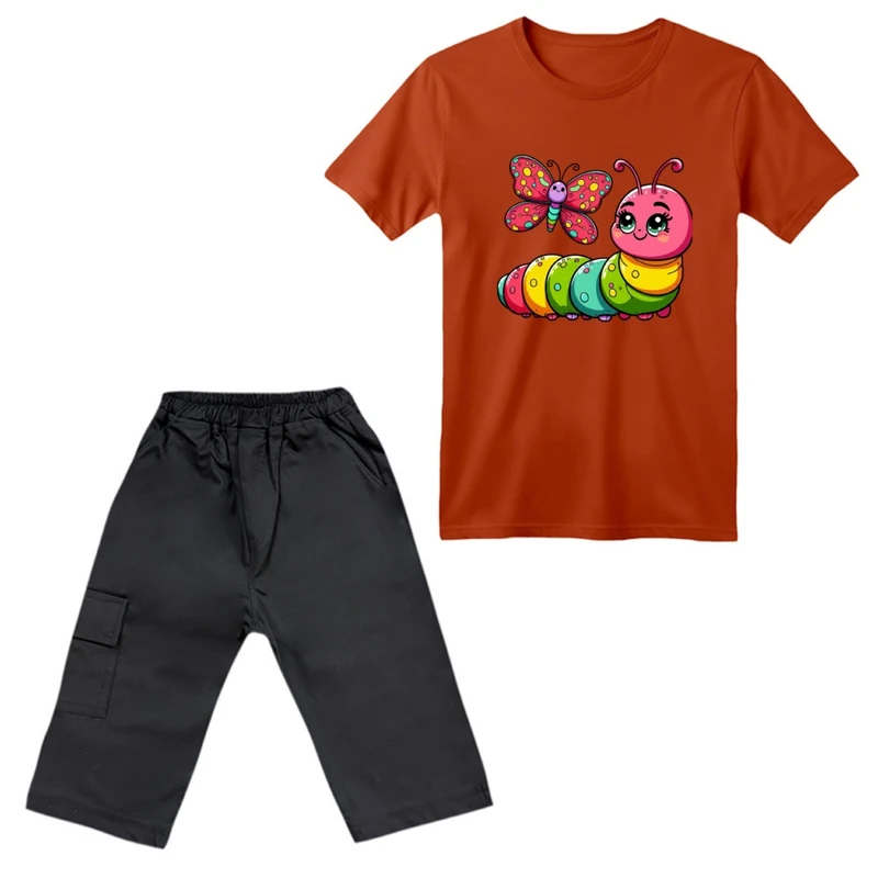 ست تی‌شرت آستین کوتاه و شلوارک دخترانه مدل کرم ابریشم رنگ آجری تیره