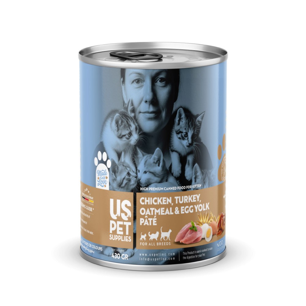 کنسرو غذای گربه نابالغ یو اس پت مدل های پریمیوم طعم مرغ، بوقلمون، تخم مرغ و جوی پرک وزن 430 گرم