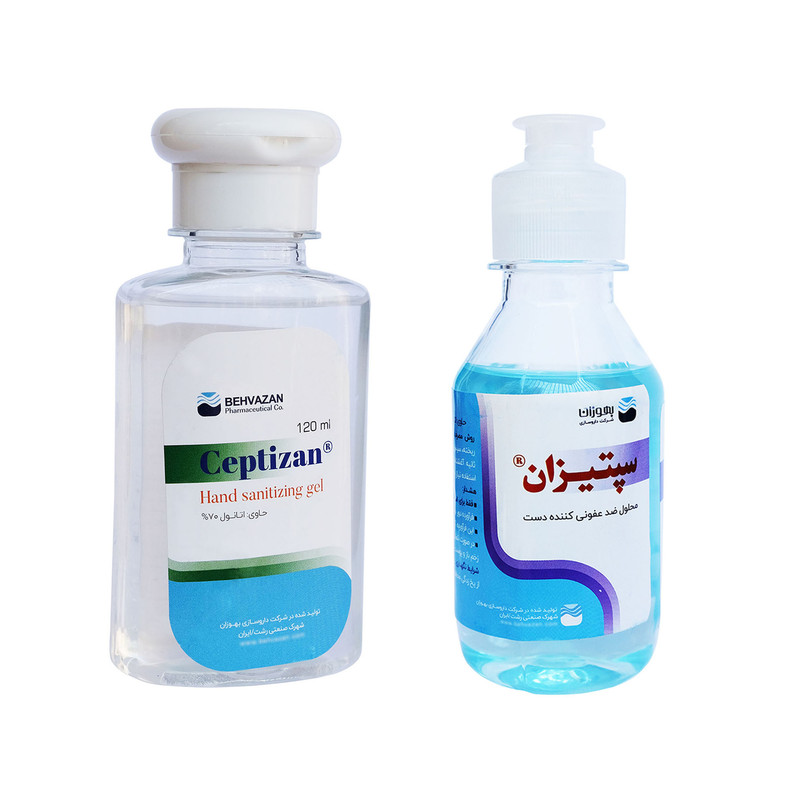 ژل ضدعفونی کننده دست بهوزان مدل Ceptizan حجم 120 میلی لیتر به همراه محلول ضدعفونی کننده کد 01 حجم 120 میلی لیتر