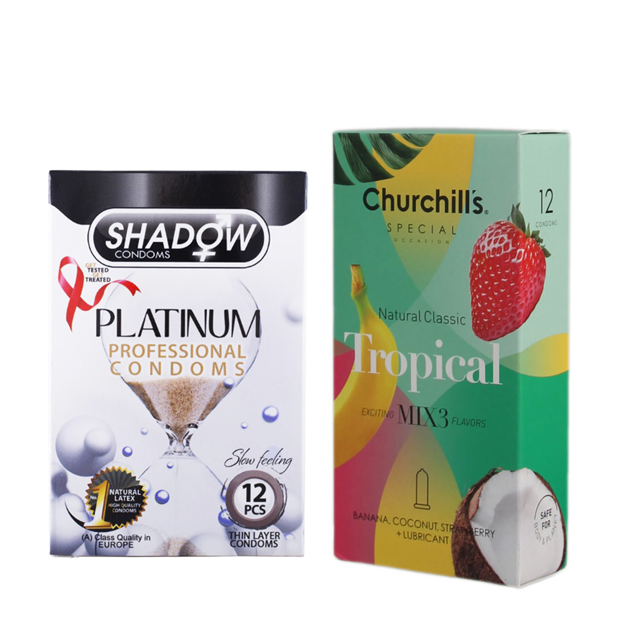 کاندوم چرچیلز مدل Tropical بسته 12 عددی به همراه کاندوم شادو مدل Platinum بسته 12 عددی