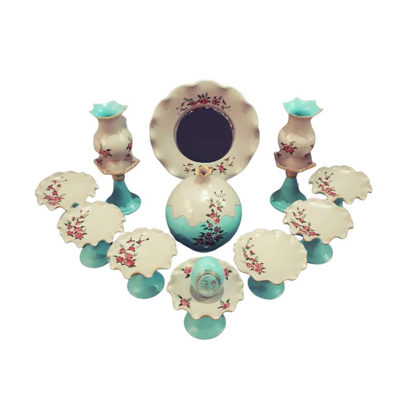 ست 12 تکه هفت سین سفالی مدل گل سرخی کد 0013