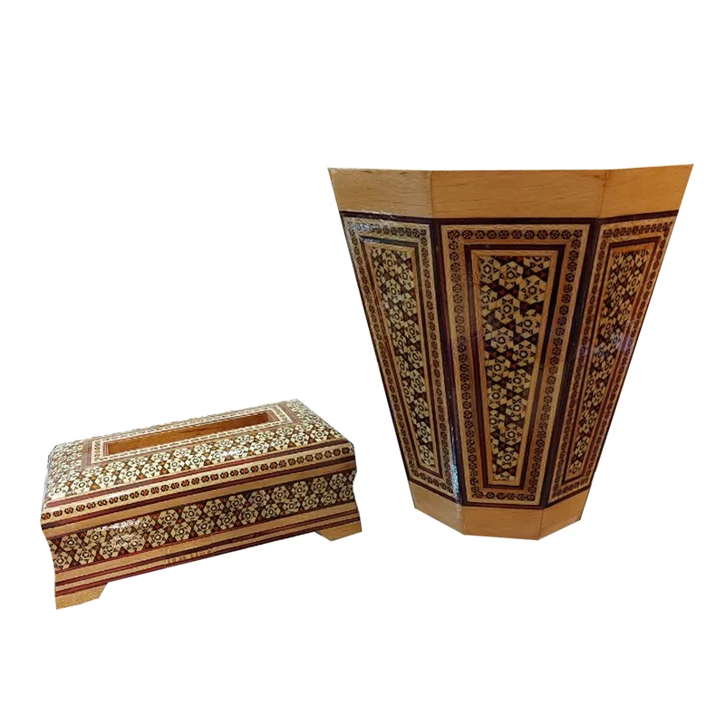 ست جعبه دستمال کاغذی و سطل خاتم کاری چوبی کد 0047